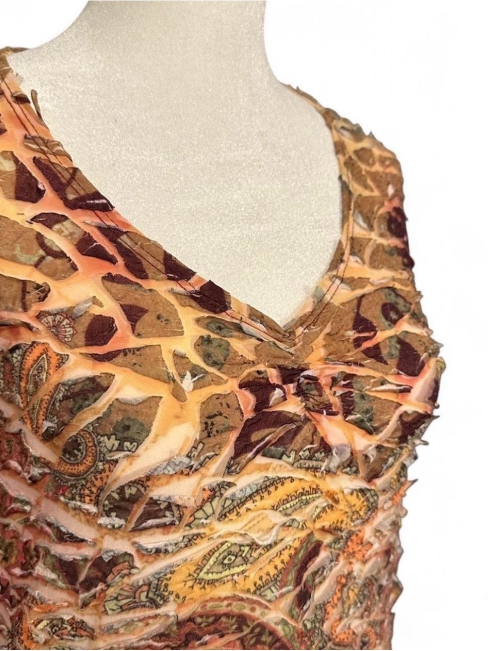 Y2K Cubism Burnout Textured 3D Top Fairy Grunge‎ Earthy Boho Paisley 3/4 Sleeve